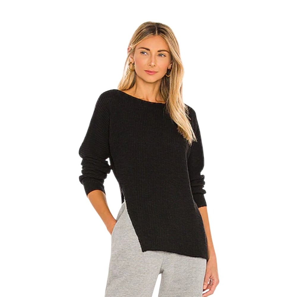 James Perse Black Cotton Linen Ribbed Boat Neck Side Slit Sweater WCOL3416 SZMed